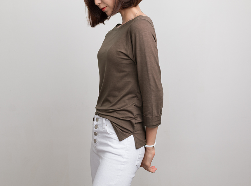 Needle Coat Neck Roll Up 7 Pcs Tencel T-Shirt High