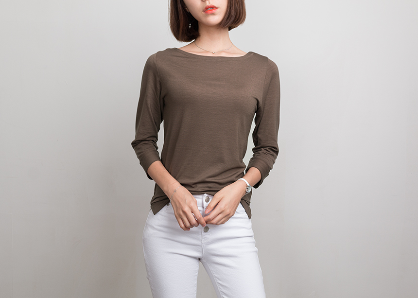 Needle Coat Neck Roll Up 7 Pcs Tencel T-Shirt High