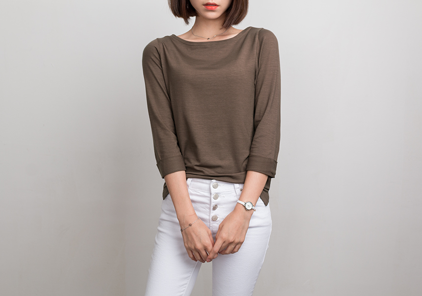 Needle Coat Neck Roll Up 7 Pcs Tencel T-Shirt High