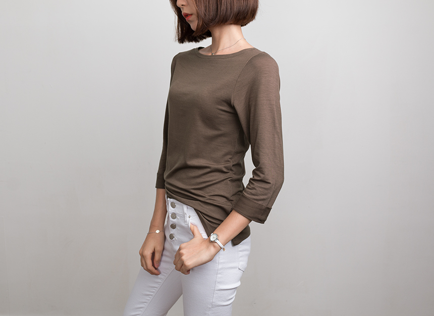 Needle Coat Neck Roll Up 7 Pcs Tencel T-Shirt High