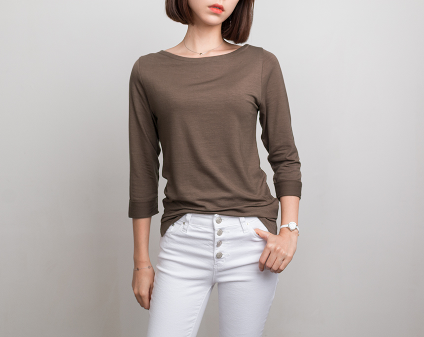 Needle Coat Neck Roll Up 7 Pcs Tencel T-Shirt High