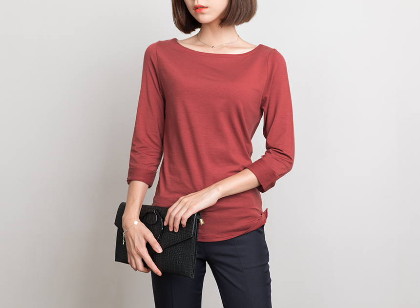 Needle Coat Neck Roll Up 7 Pcs Tencel T-Shirt High