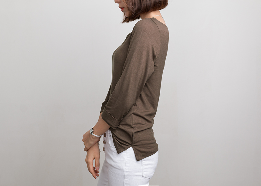 Needle Coat Neck Roll Up 7 Pcs Tencel T-Shirt High