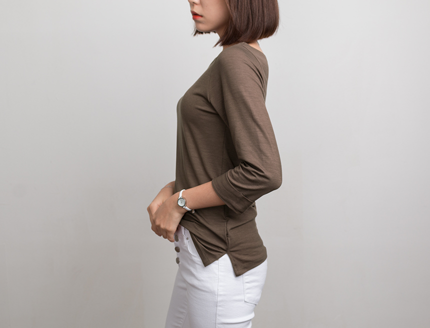 Needle Coat Neck Roll Up 7 Pcs Tencel T-Shirt High