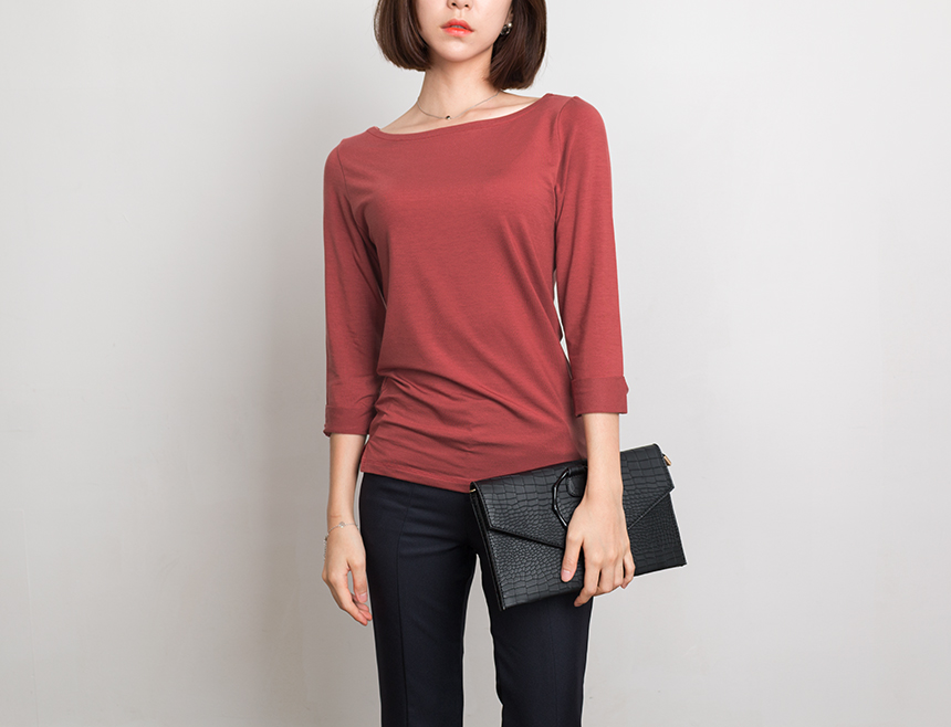 Needle Coat Neck Roll Up 7 Pcs Tencel T-Shirt High