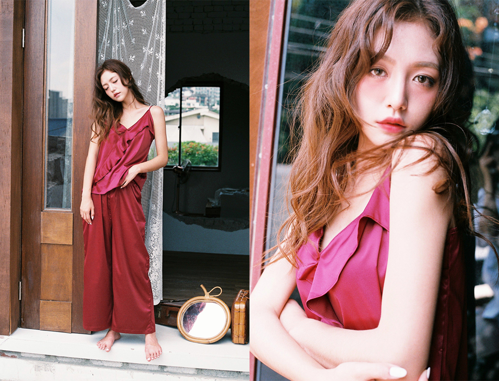 Ruffle wine burgundy silk pajamas two piece sleeve