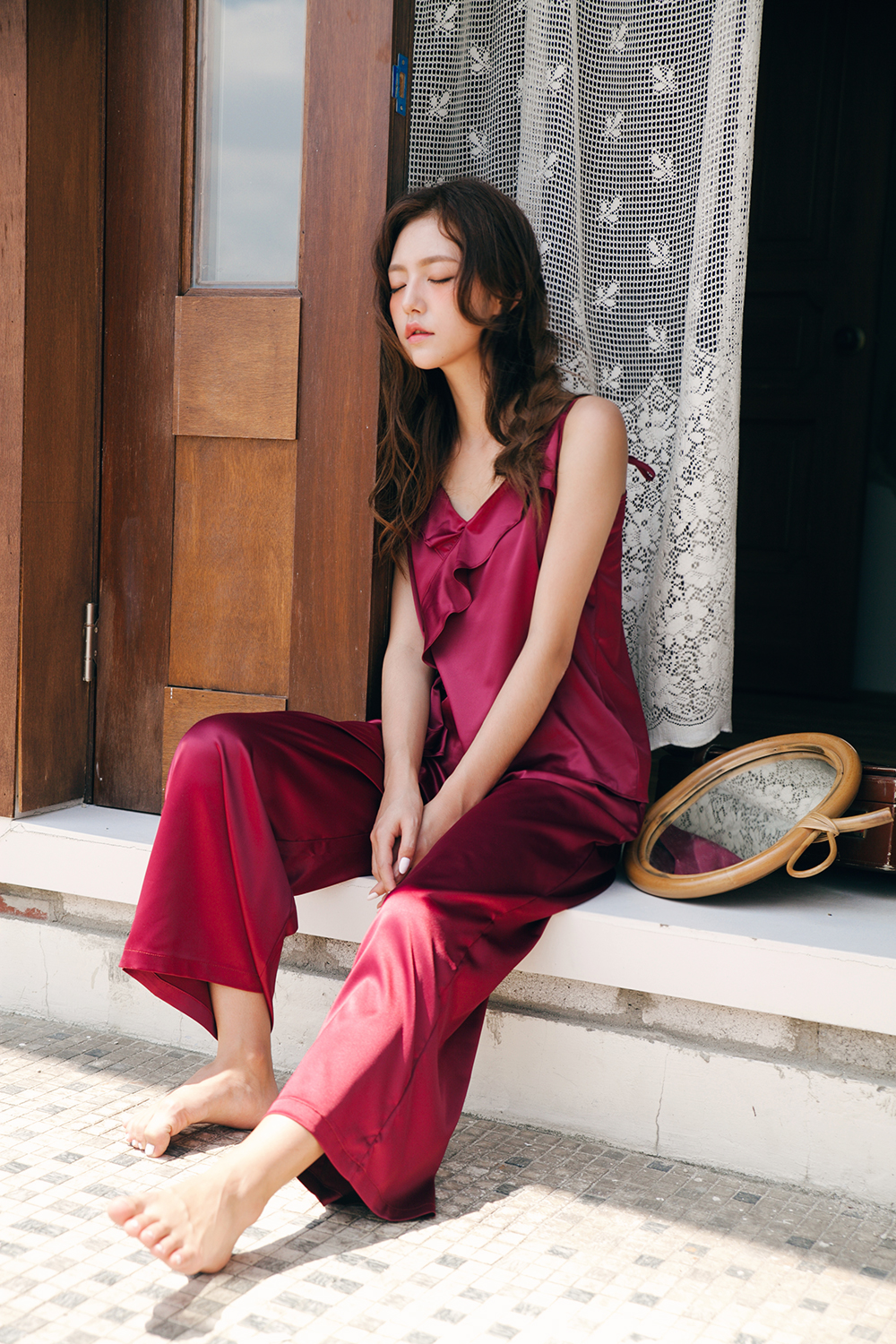 Ruffle wine burgundy silk pajamas two piece sleeve