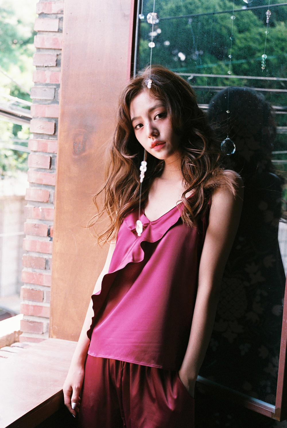 Ruffle wine burgundy silk pajamas two piece sleeve