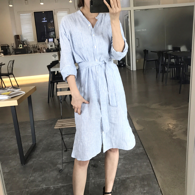 New linen striped shirt dress black, Soraruzupetu 