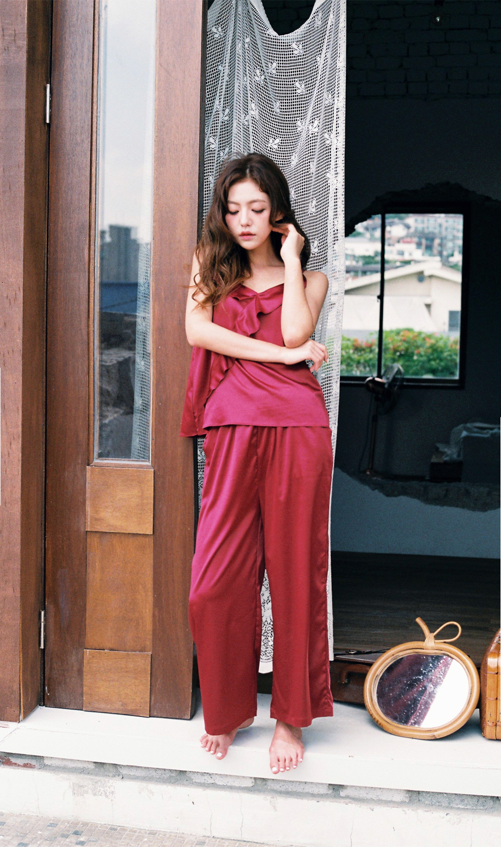 Ruffle wine burgundy silk pajamas two piece sleeve