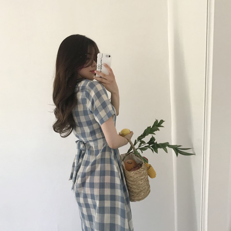 NEW FASHION LADY GIRL DRESS Linen Check Long Dress