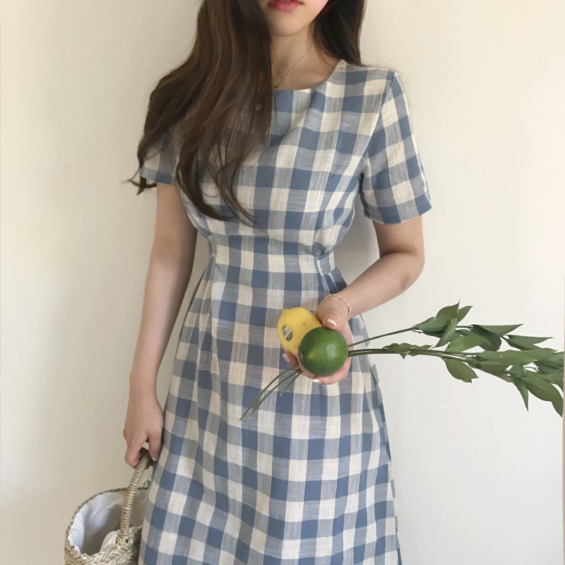 NEW FASHION LADY GIRL DRESS Linen Check Long Dress
