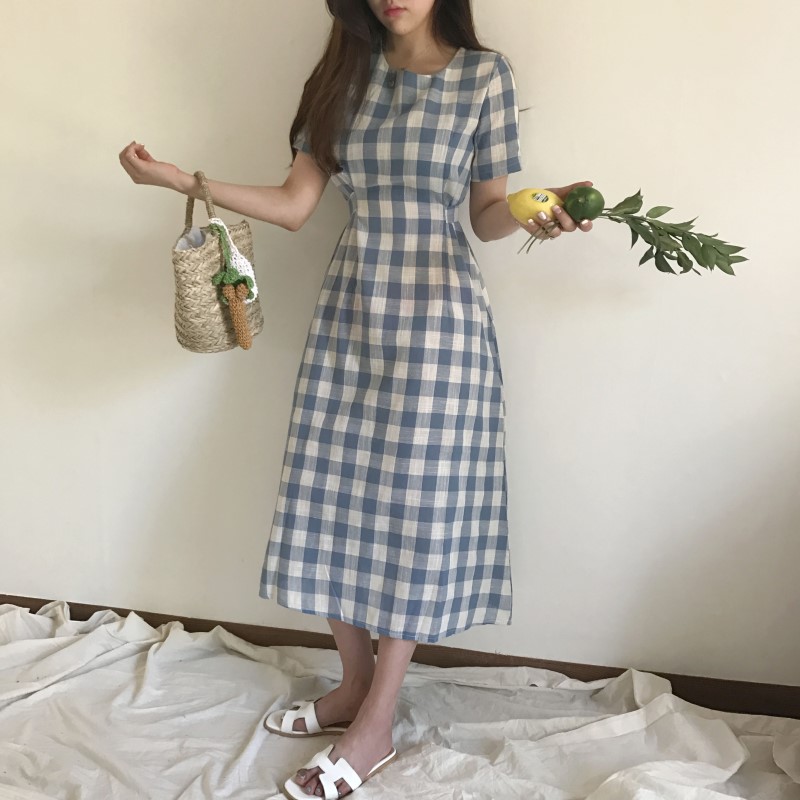 NEW FASHION LADY GIRL DRESS Linen Check Long Dress