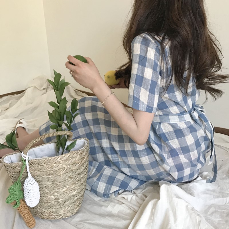 NEW FASHION LADY GIRL DRESS Linen Check Long Dress