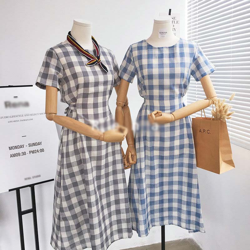 NEW FASHION LADY GIRL DRESS Linen Check Long Dress