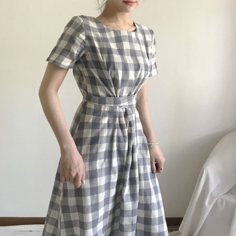 NEW FASHION LADY GIRL DRESS Linen Check Long Dress