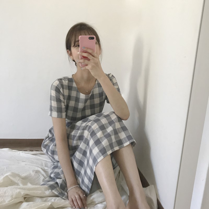 NEW FASHION LADY GIRL DRESS Linen Check Long Dress