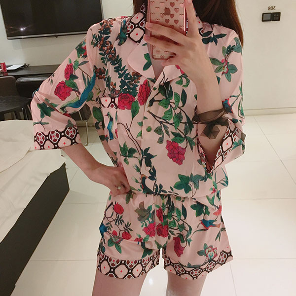 New Vintage Flower Silk Pajamas Set Homewear Pajam