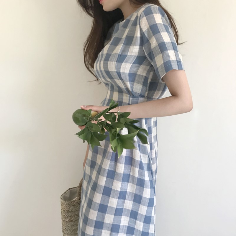 NEW FASHION LADY GIRL DRESS Linen Check Long Dress