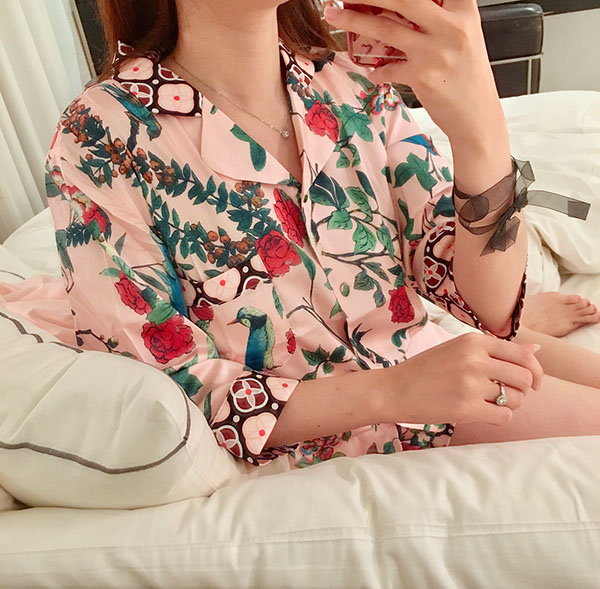 New Vintage Flower Silk Pajamas Set Homewear Pajam