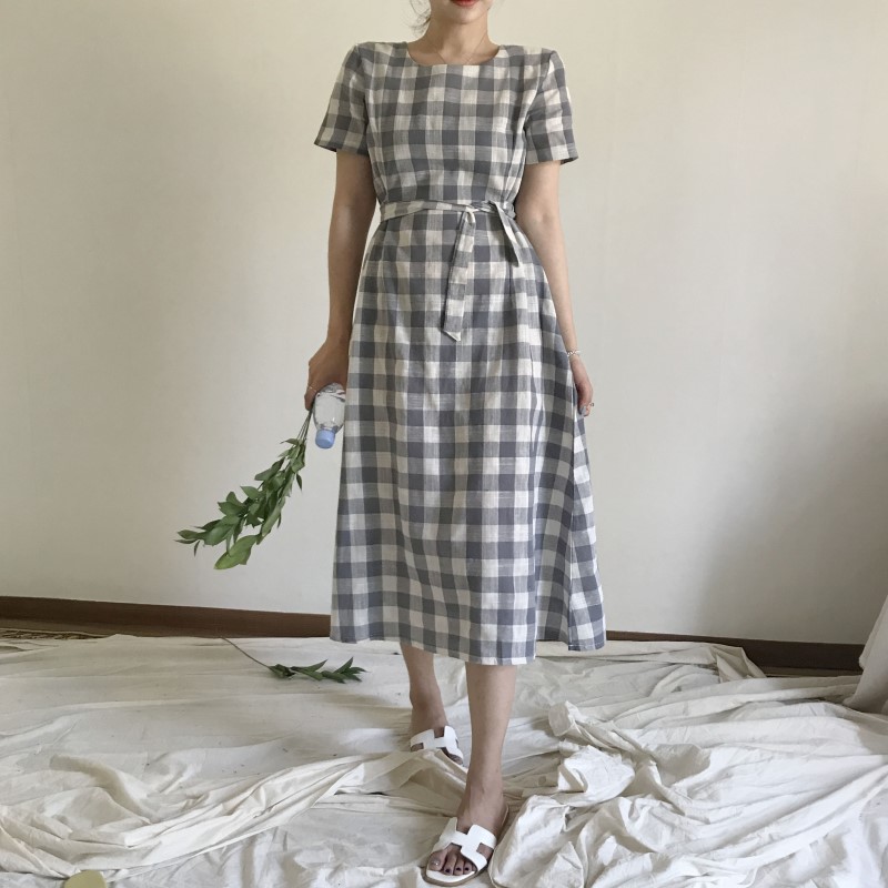 NEW FASHION LADY GIRL DRESS Linen Check Long Dress