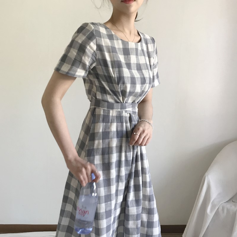 NEW FASHION LADY GIRL DRESS Linen Check Long Dress