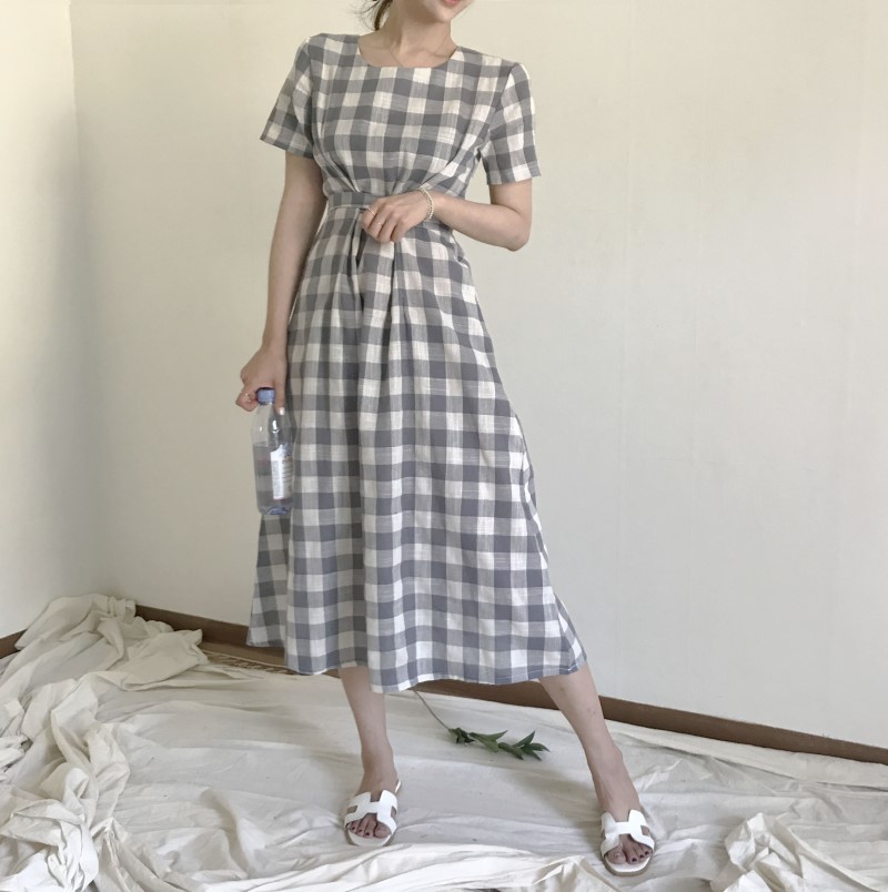 NEW FASHION LADY GIRL DRESS Linen Check Long Dress
