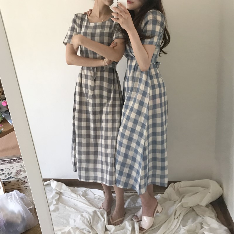 NEW FASHION LADY GIRL DRESS Linen Check Long Dress