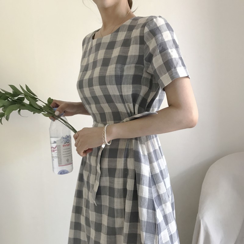 NEW FASHION LADY GIRL DRESS Linen Check Long Dress