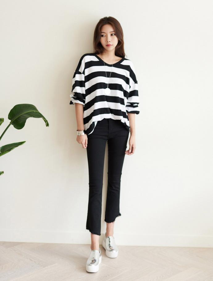 Striped Long Sleeve T-shirt Girls Feminine Daily C