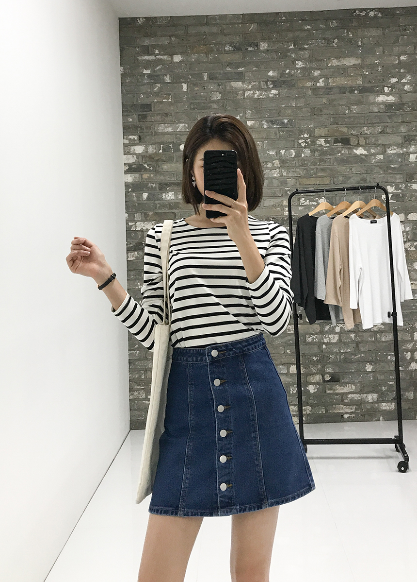 Denim Skirt Needle A line button Denim skirt Denim