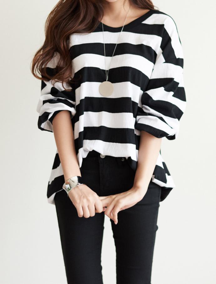 Striped Long Sleeve T-shirt Girls Feminine Daily C