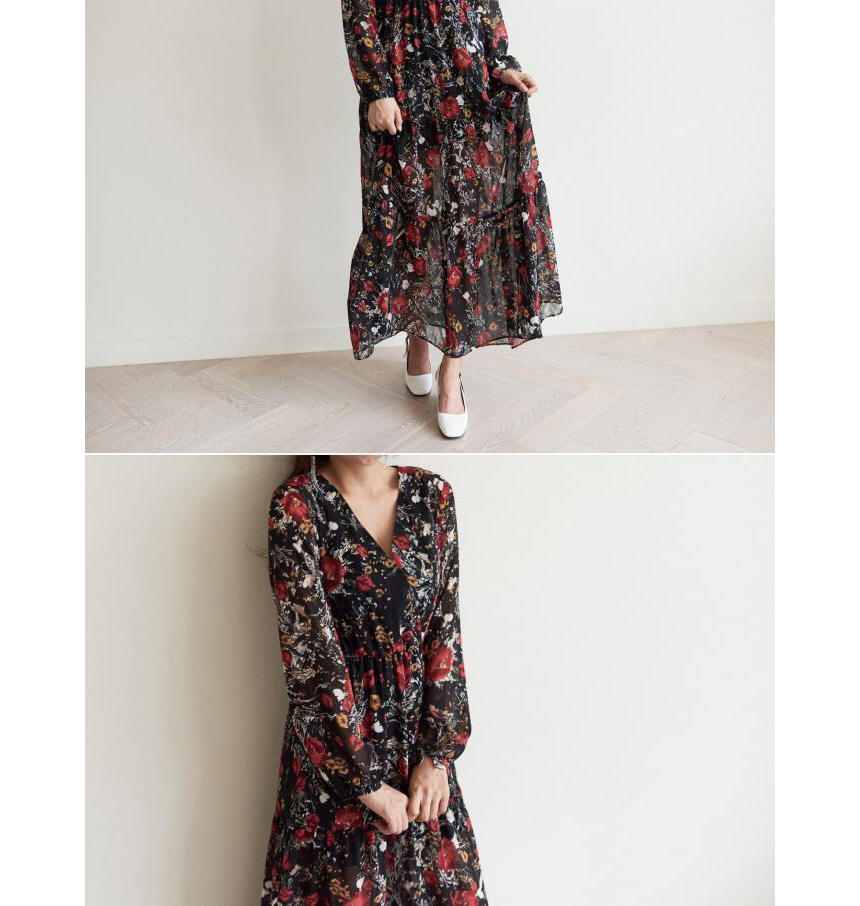 New Women Dress v Neck Wrap Flower Long Dress One-