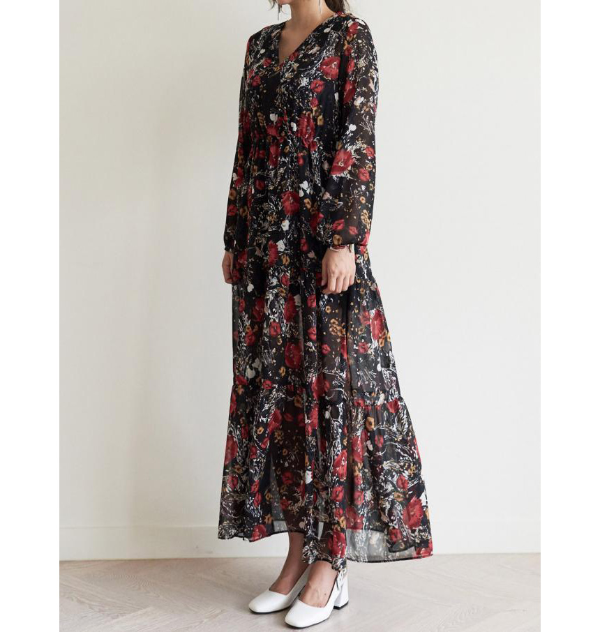 New Women Dress v Neck Wrap Flower Long Dress One-