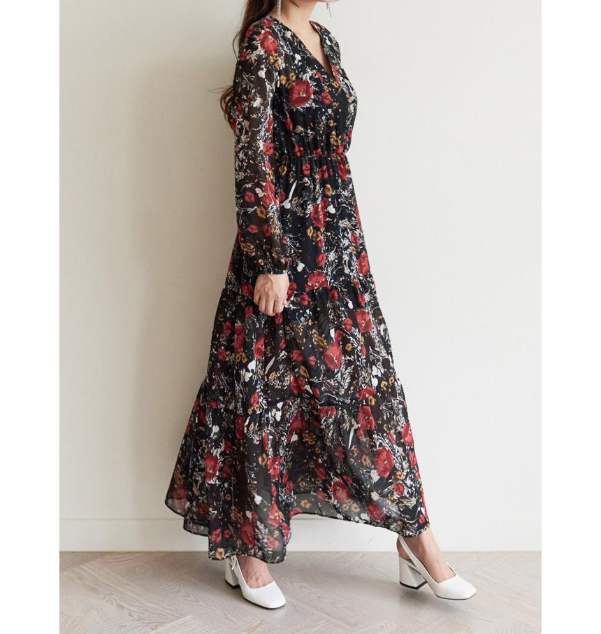 New Women Dress v Neck Wrap Flower Long Dress One-