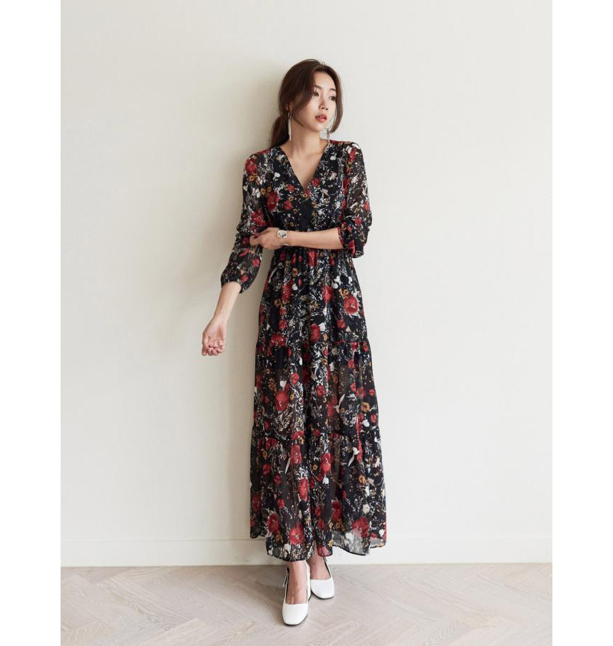 New Women Dress v Neck Wrap Flower Long Dress One-