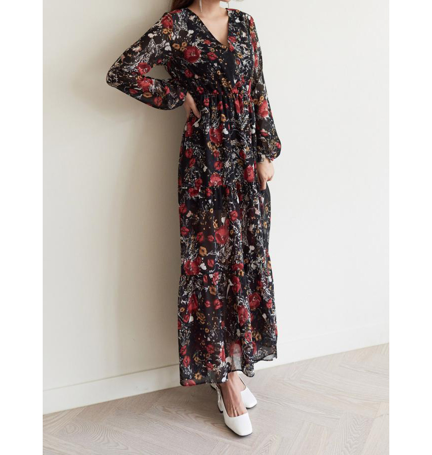 New Women Dress v Neck Wrap Flower Long Dress One-