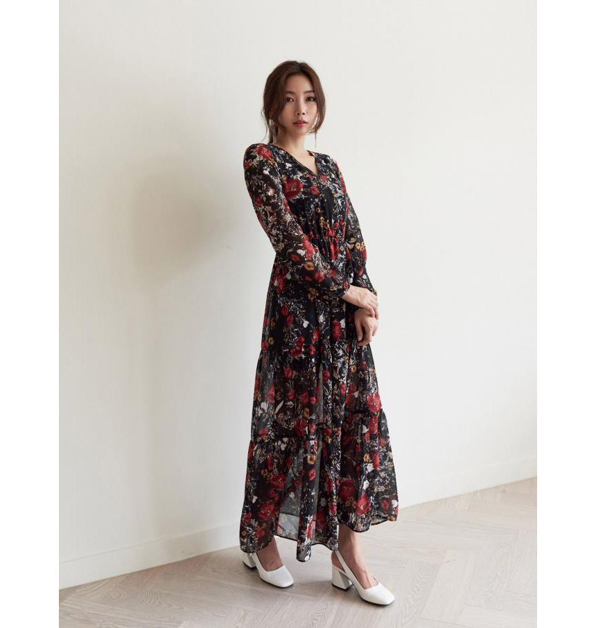 New Women Dress v Neck Wrap Flower Long Dress One-