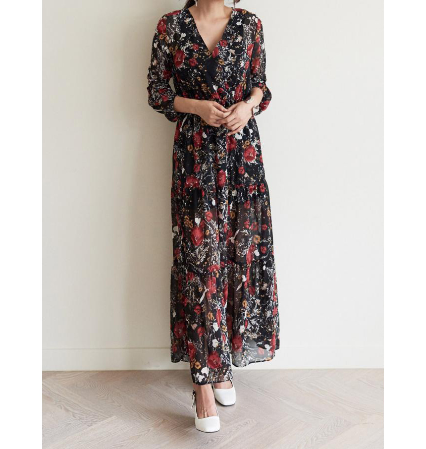 New Women Dress v Neck Wrap Flower Long Dress One-
