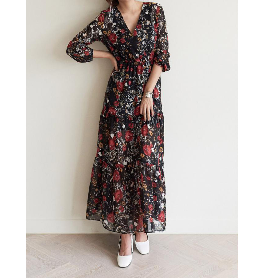 New Women Dress v Neck Wrap Flower Long Dress One-