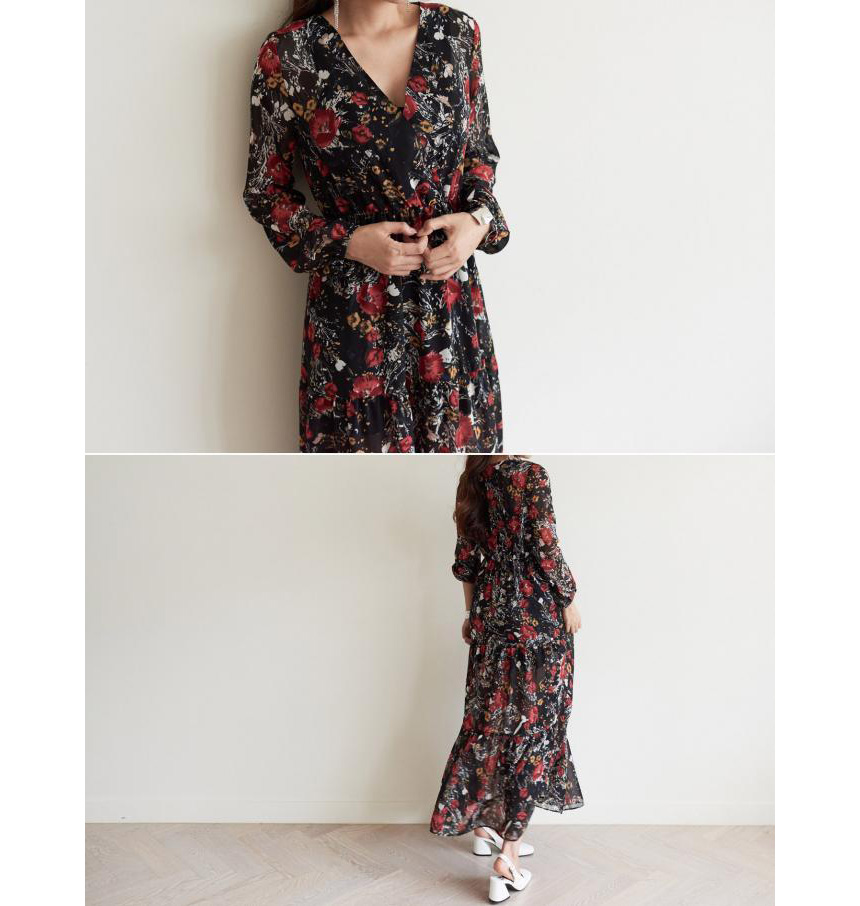New Women Dress v Neck Wrap Flower Long Dress One-
