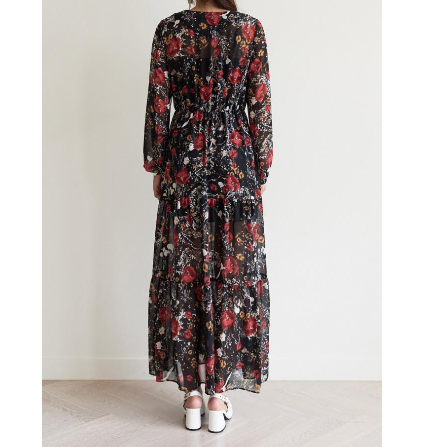 New Women Dress v Neck Wrap Flower Long Dress One-