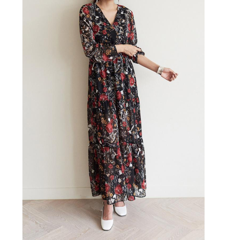 New Women Dress v Neck Wrap Flower Long Dress One-
