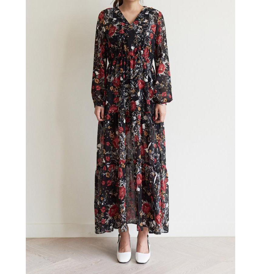New Women Dress v Neck Wrap Flower Long Dress One-