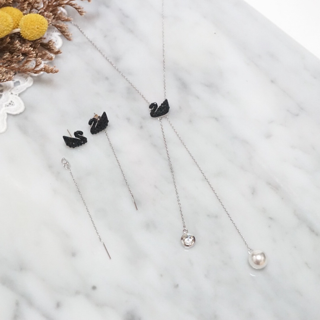Black Swan Swan Long Drop Earrings Rose Gold