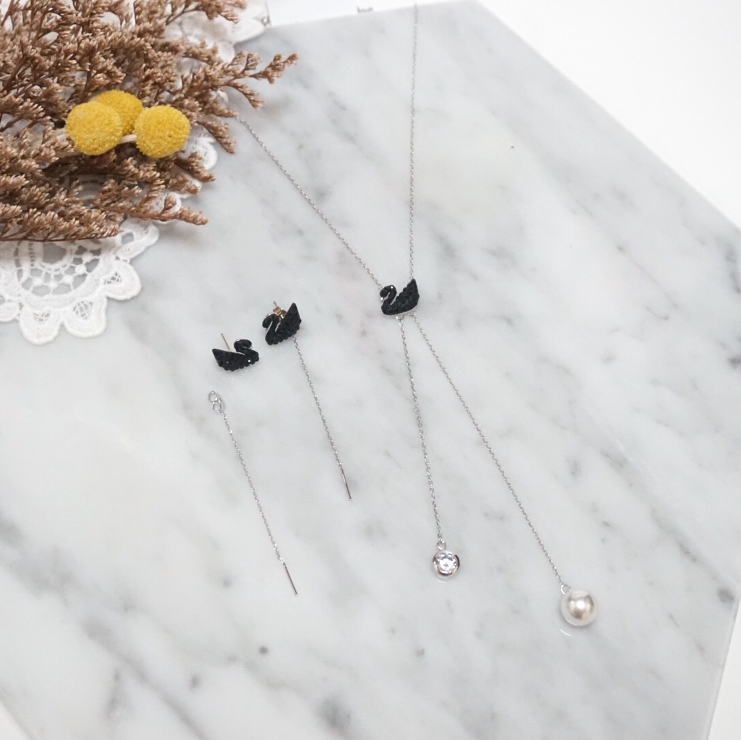 Black Swan Swan Long Drop Earrings Rose Gold