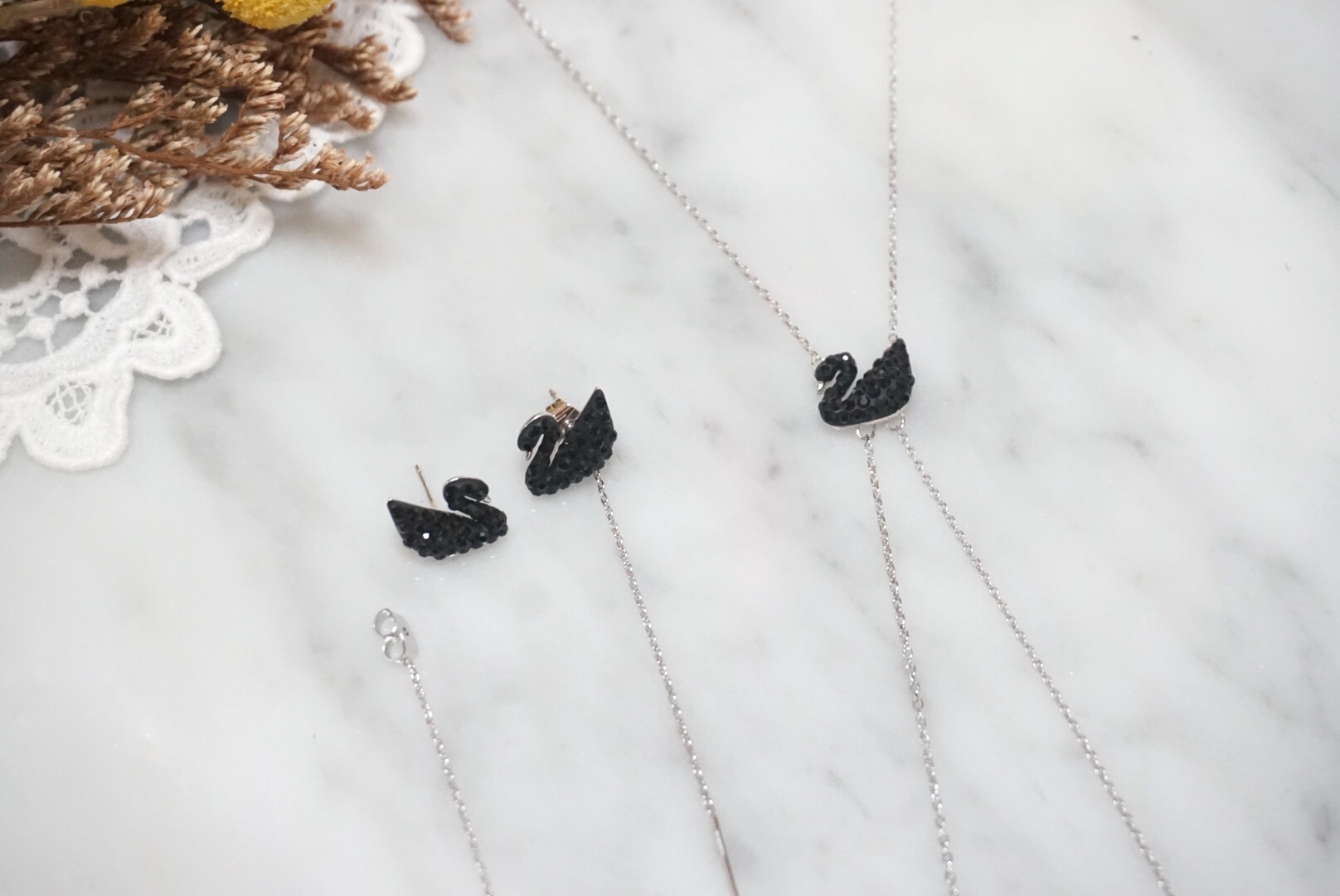 Black Swan Swan Long Drop Earrings Rose Gold