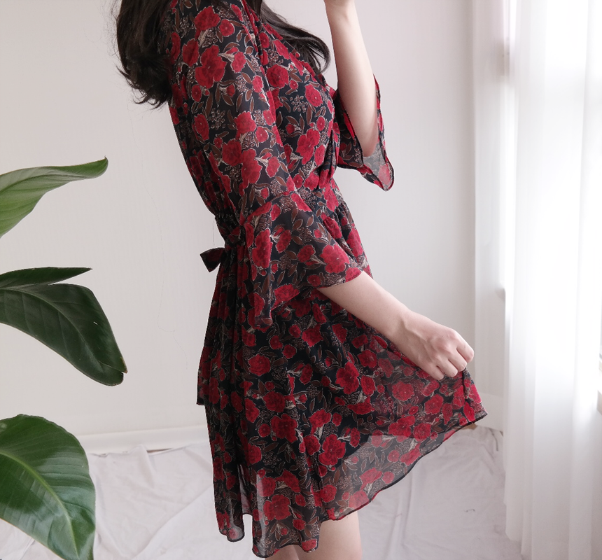 Red Flower Pattern Autumn Chiffon Wrap One Piece M