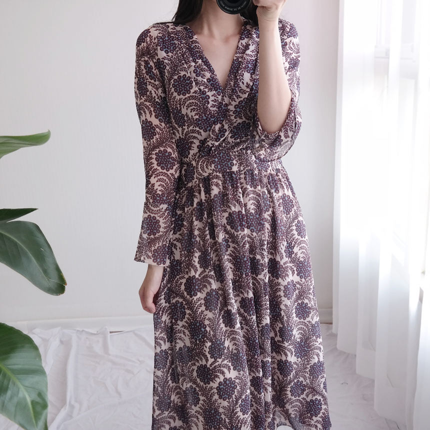 Autumn Flower Pattern Chiffon Wrap One Piece Visit
