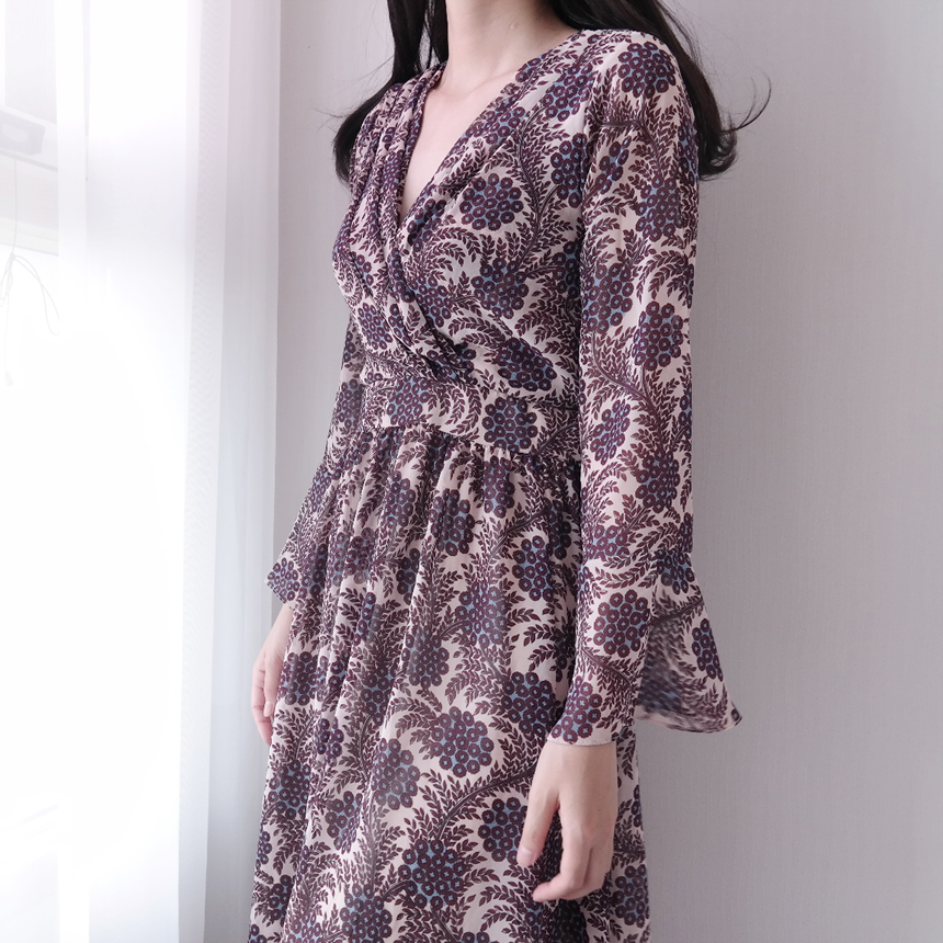 Autumn Flower Pattern Chiffon Wrap One Piece Visit